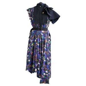 Sacai Floral-Print Belted Asymmetric Midi Dress in Multicolor Polyester